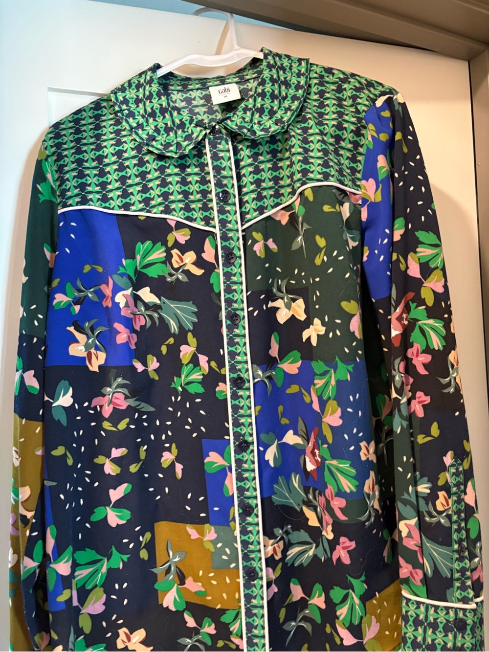CAbi Navy Multi Floral Patchwork Button-Front Top - Picture 1 of 3